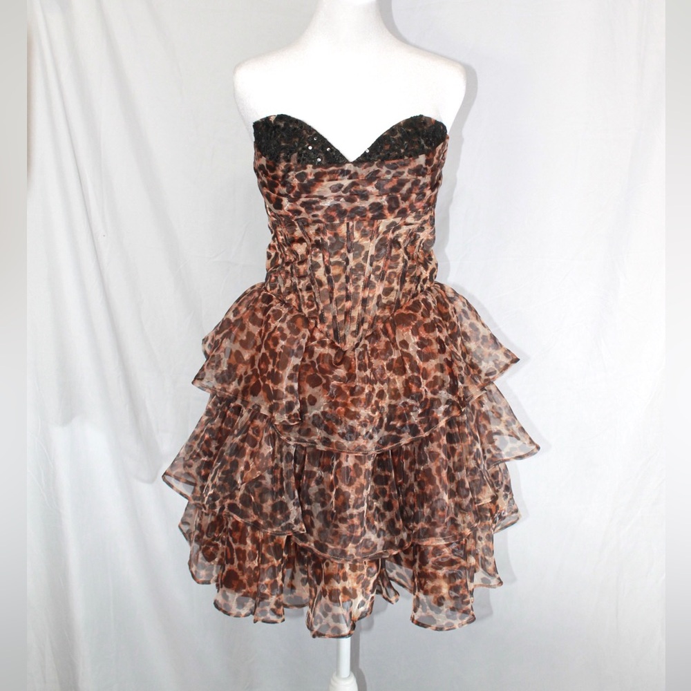 Strapless Leopard-Print Ruffle Mini Dress - Brown